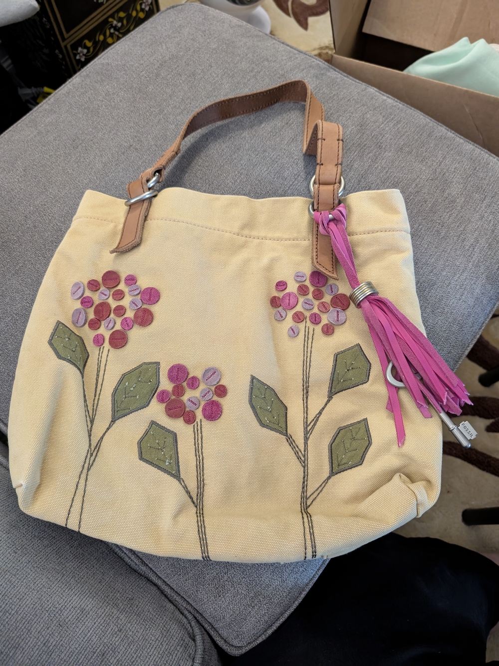 Fossil Canvas Floral Appliqué Tote Bag with Pink Tassel